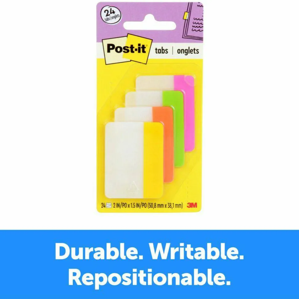 Post-it Notes Durable Filing Tabs, 2" x 1-1/2", Assorted Colors, 6 Flags Per Pad, Pack Of 4 Pads