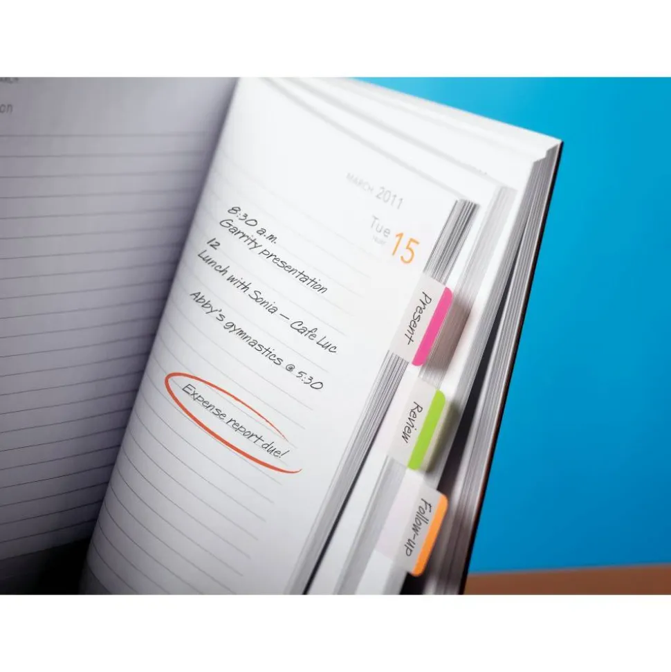 Post-it Notes Durable Filing Tabs, 1" x 1-1/2", Green/Orange/Pink Color Bars, 22 Flags Per Pad, Pack Of 3 Pads