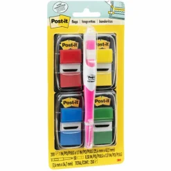 Post-it Notes Flags, With Flag Gel Pen, Assorted Primary Colors, 50 Flags Per Pad, Pack Of 4 Pads