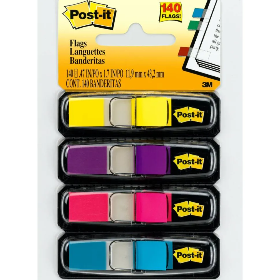 Post-it Notes Flags, 3/8" x 1-7/10", Assorted Bright Colors, 35 Flags Per Dispenser, Pack Of 4 Dispensers