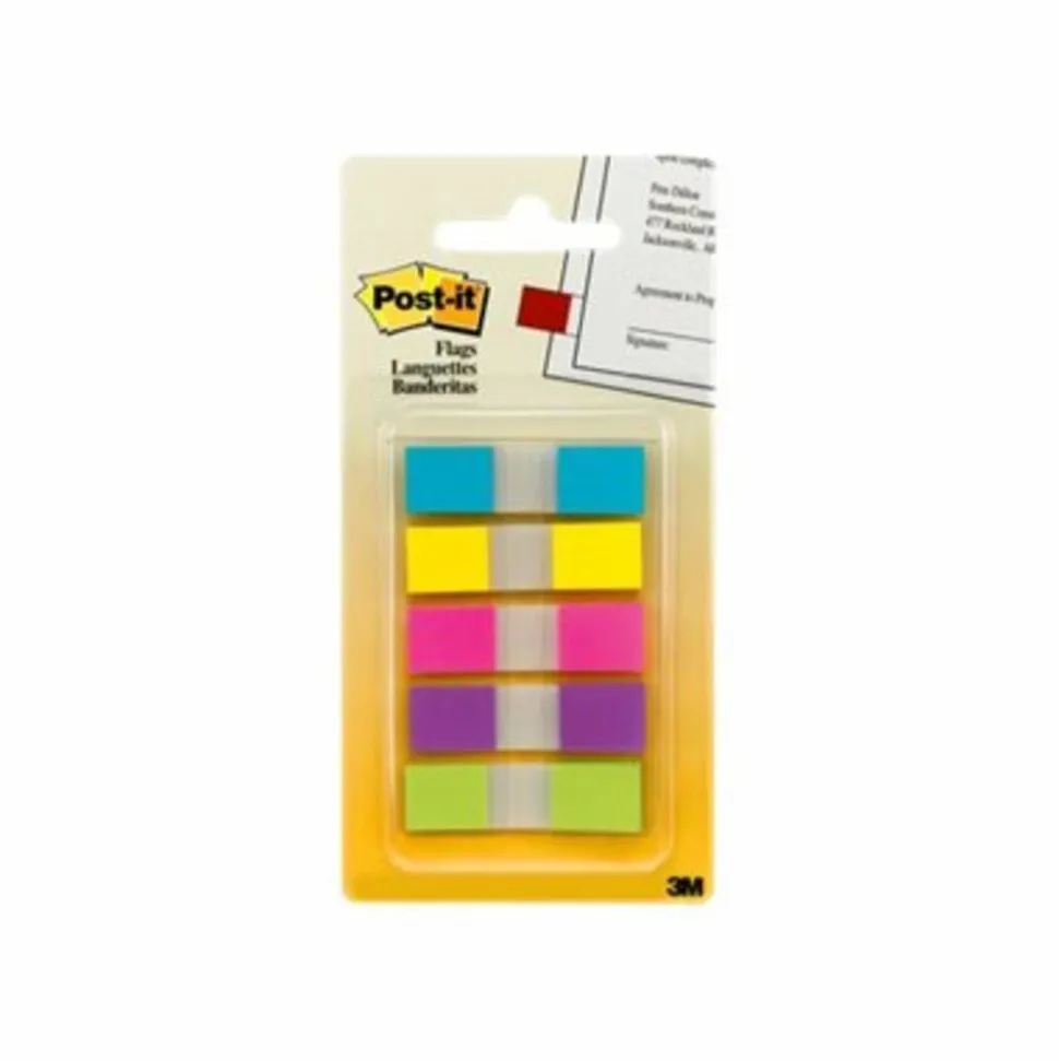 Post-it Notes Flags, 1/2" x 1-7/10", Assorted Bright Colors, 20 Flags Per Pad, Pack Of 5 Pads