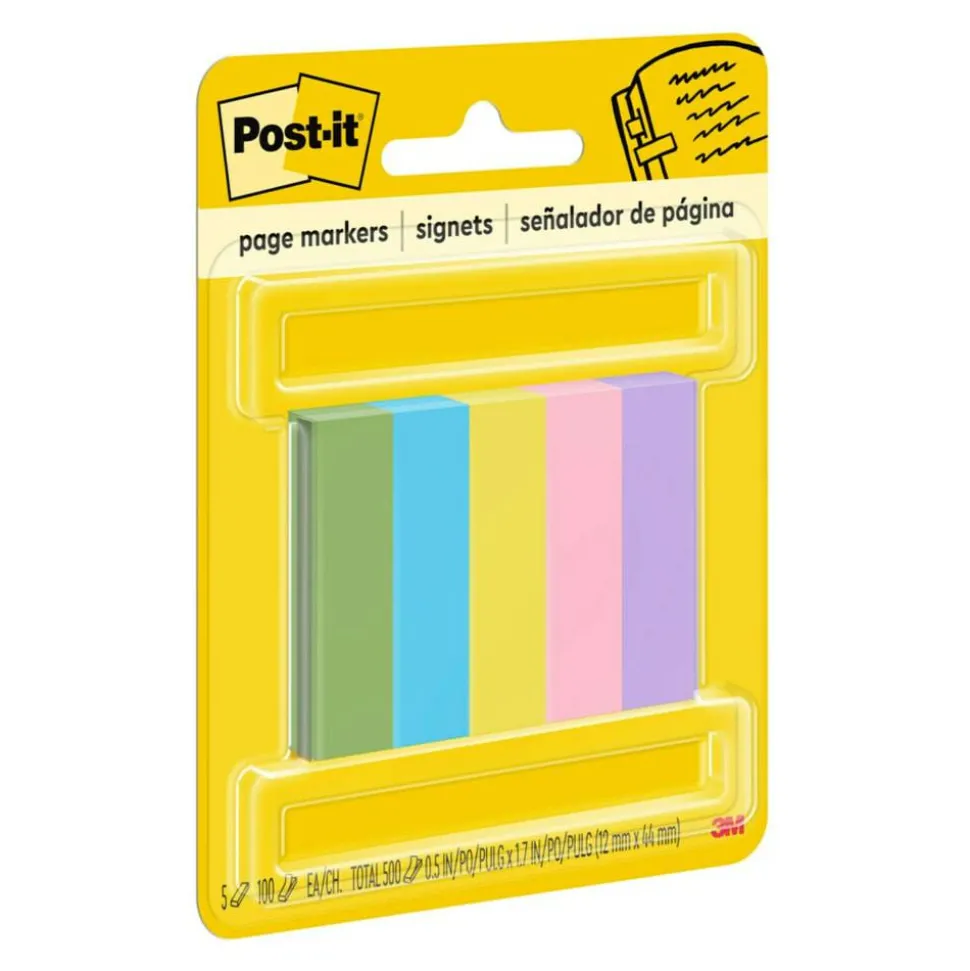 Post-it Notes Page Markers, 1/2" x 2", Jewel Pop Colors, 100 Per Pad, Pack Of 5 Pads