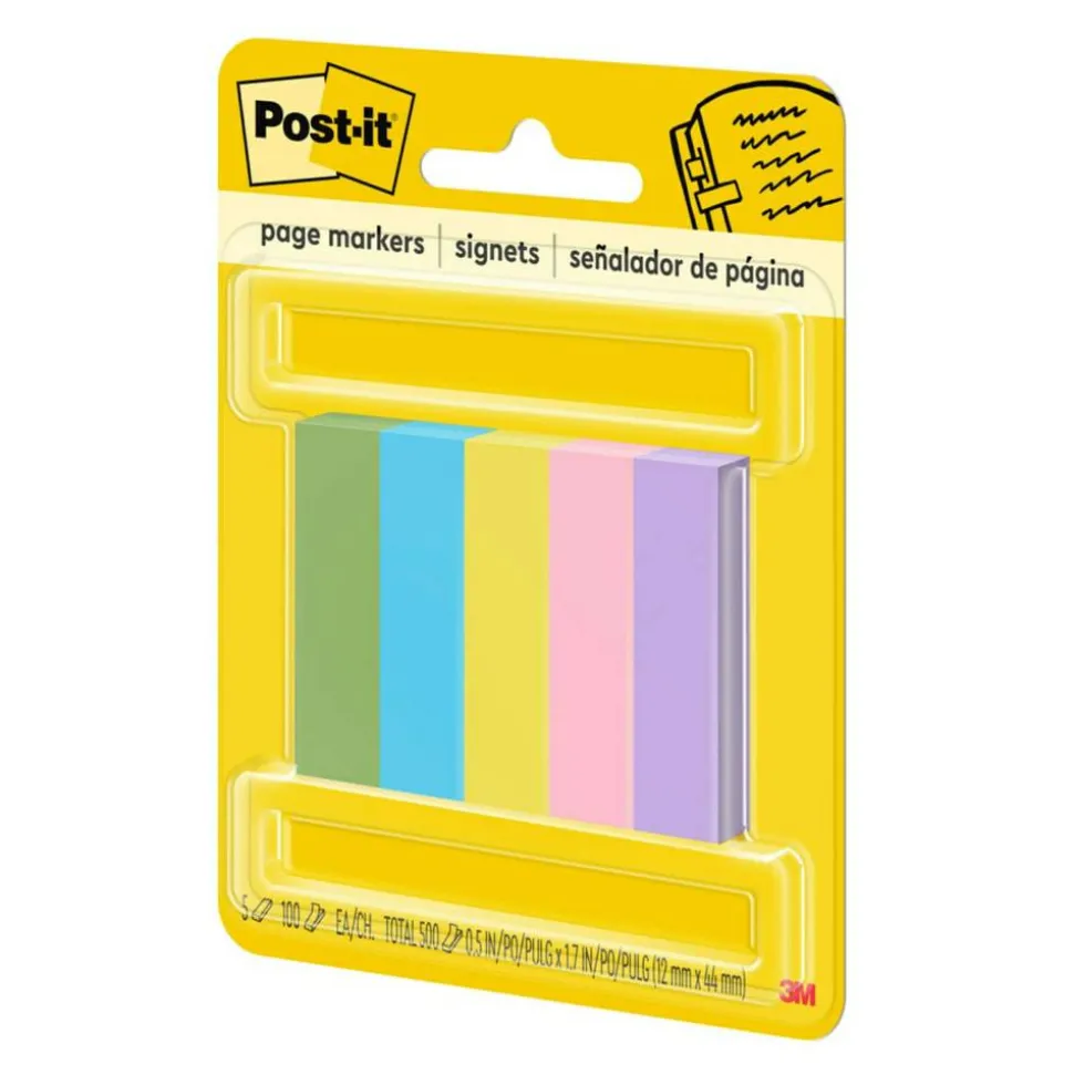 Post-it Notes Page Markers, 1/2" x 2", Jewel Pop Colors, 100 Per Pad, Pack Of 5 Pads