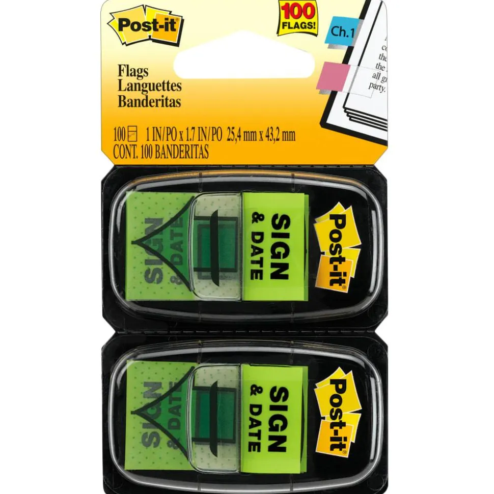 Post-it Notes Sign & Date Printed Flags, 1" x 1-7/10", Green, 50 Flags Per Pad, Pack Of 2 Pads