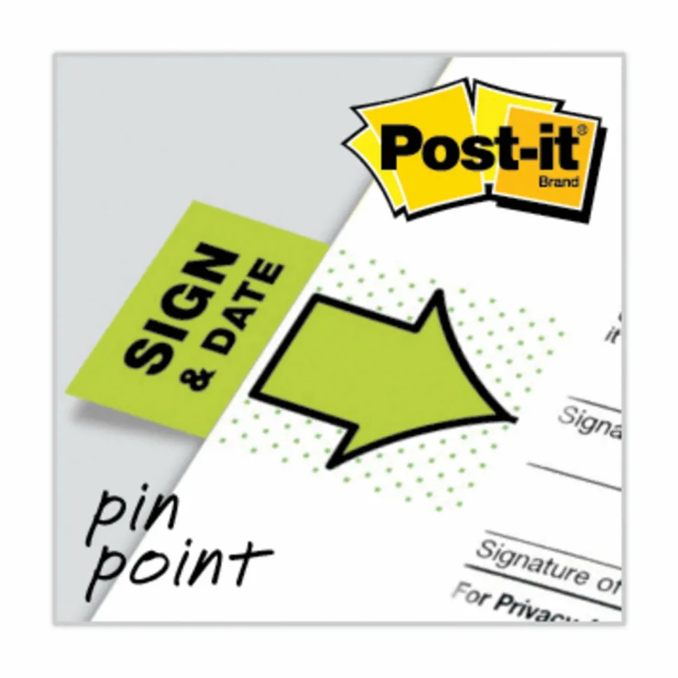 Post-it Notes Sign & Date Printed Flags, 1" x 1-7/10", Green, 50 Flags Per Pad, Pack Of 2 Pads