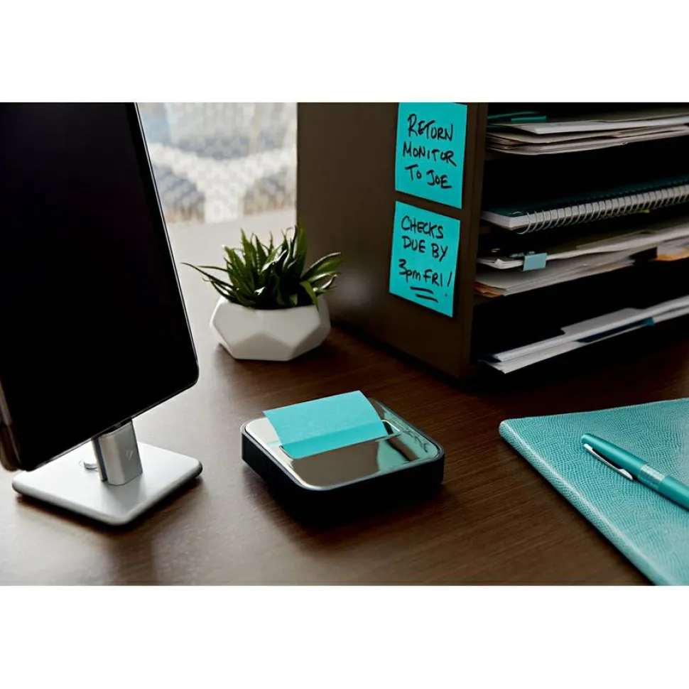 Post-it Pop Up Notes Dispenser, 3 in x 3, 1 Dispenser, 1 Pad, 45 Sheets/Pad, Clean Removal, Black Base with Steel Top