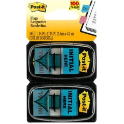 Post-it Printed Flags, "Initial Here", 1" x 1-11/16", Bright Blue, 50 Flags Per Pad, Pack Of 2 Pads