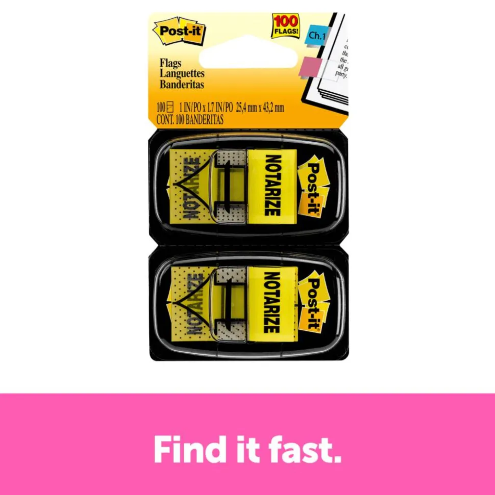 Post-it Printed Flags, "Notarize", 1" x 1 -11/16", Yellow, 50 Flags Per Pad, Pack Of 2 Pads