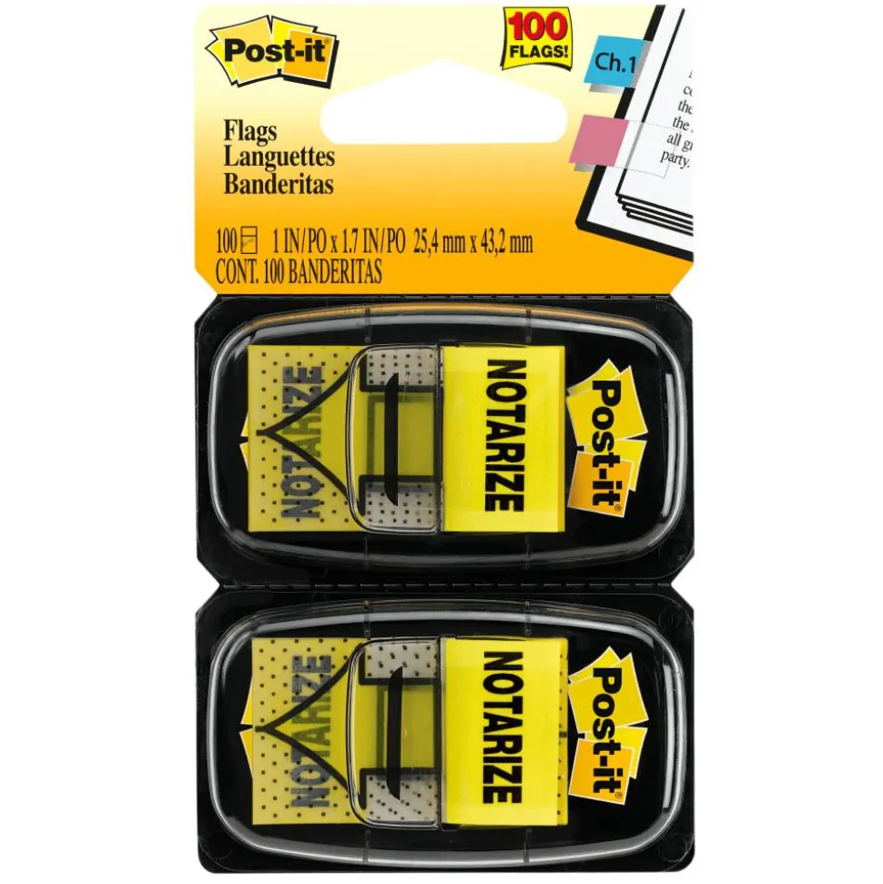 Post-it Printed Flags, "Notarize", 1" x 1 -11/16", Yellow, 50 Flags Per Pad, Pack Of 2 Pads