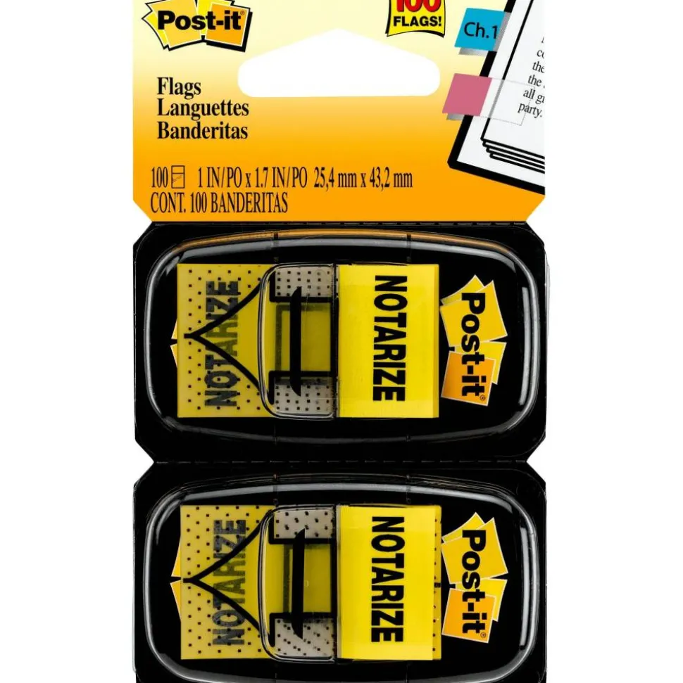 Post-it Printed Flags, "Notarize", 1" x 1 -11/16", Yellow, 50 Flags Per Pad, Pack Of 2 Pads