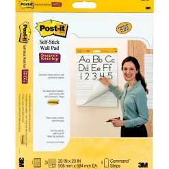 Post-it Self Stick Wall Pad, 20 in x 23 in, 2 Pads, 20 Sheets/Pad, Primary Ruled, White