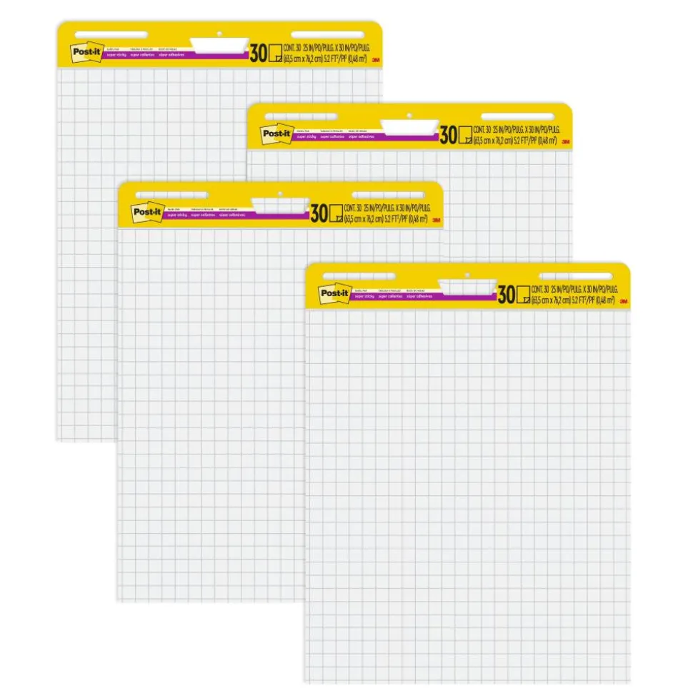 Post-it Super Sticky Easel Pads, 25" x 30", 4 Pads, 30 Sheets/Pad, School Supplies for Classrooms, Blue Grid, White