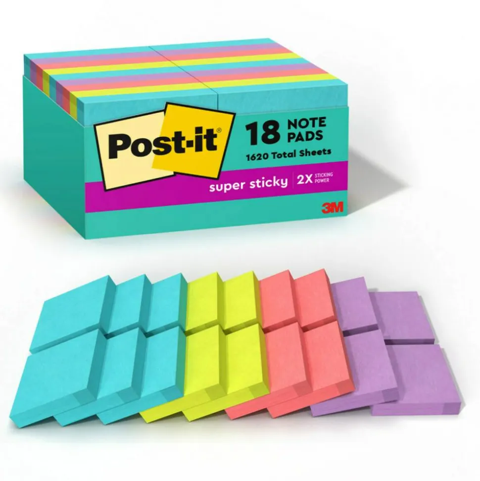 Post-it Super Sticky Notes, 18 Pads, 90 Sheets, 1 7/8 in x 1 7/8 in, 2x Sticking Power, School Supplies & Office Products - 62218SSMIACP