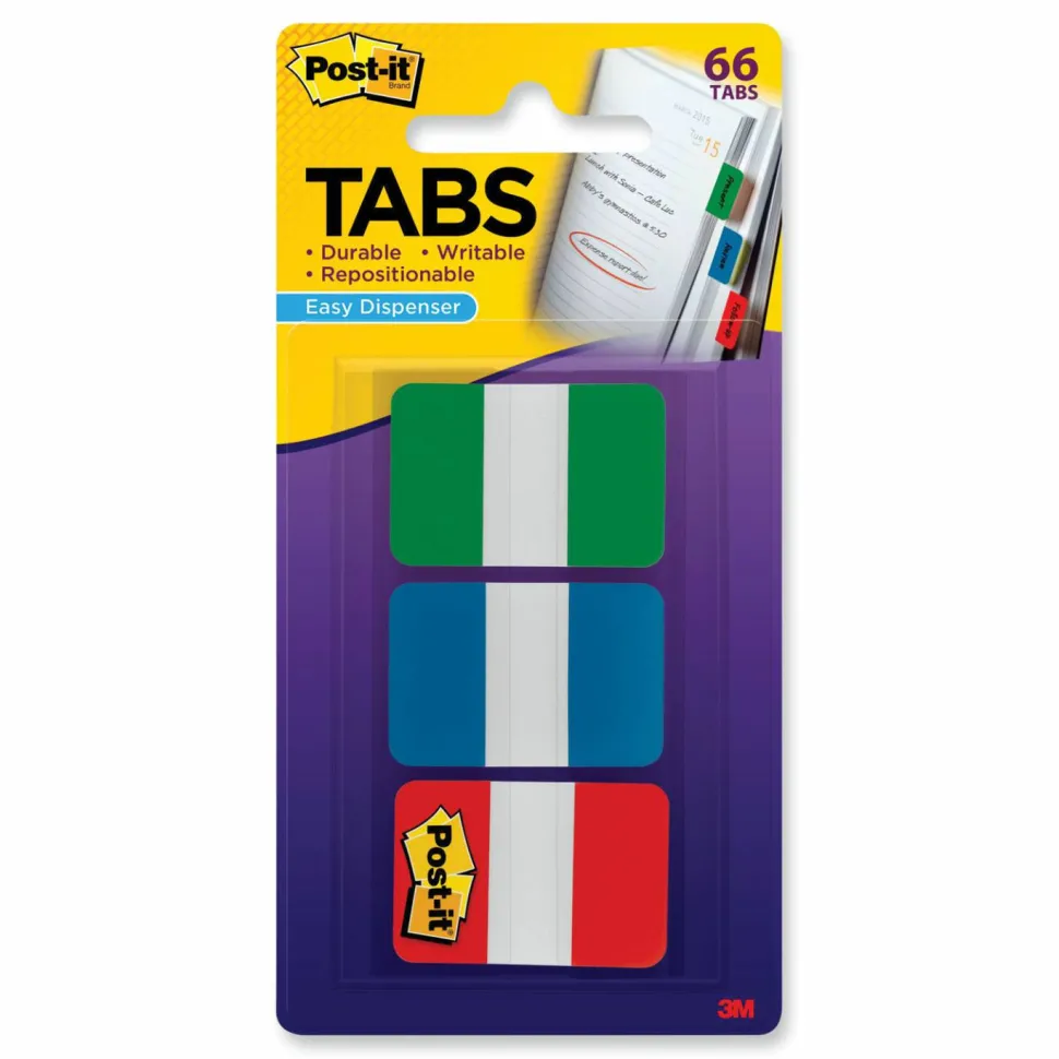 Post-it Tabs, 1 in. x 1.5 in., Pack of 66 Tabs, 3 Dispensers