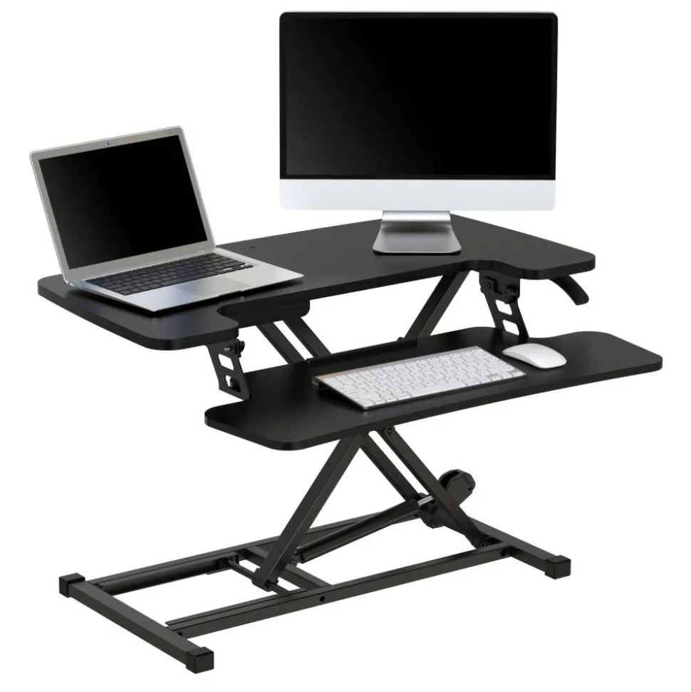 P10 Pneumatic Standing Desk Riser Converter With Keyboard Tray, 20"H x 31-1/2"W x 25"D, Black