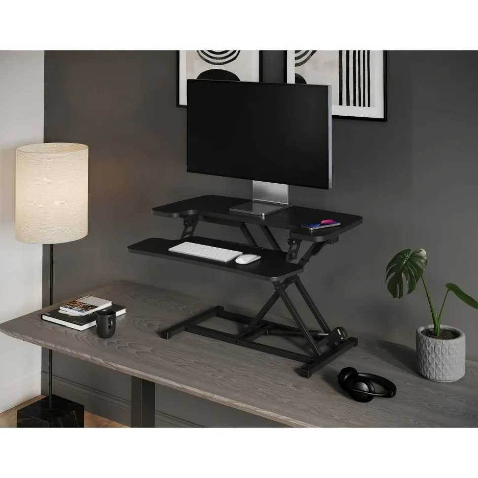 P10 Pneumatic Standing Desk Riser Converter With Keyboard Tray, 20"H x 31-1/2"W x 25"D, Black