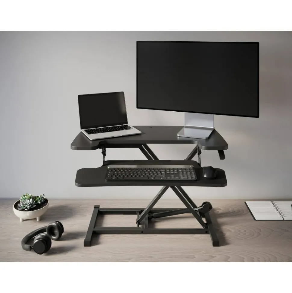 P10 Pneumatic Standing Desk Riser Converter With Keyboard Tray, 20"H x 31-1/2"W x 25"D, Black