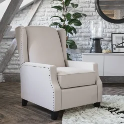 Prescott Traditional Style Slim Push Back Recliner Chair-Wingback Recliner with Cream Fabric Upholstery-Accent Nail Trim