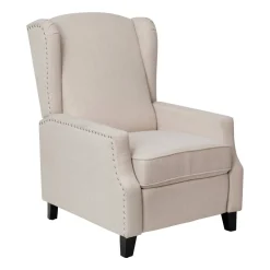 Prescott Traditional Style Slim Push Back Recliner Chair-Wingback Recliner with Cream Fabric Upholstery-Accent Nail Trim