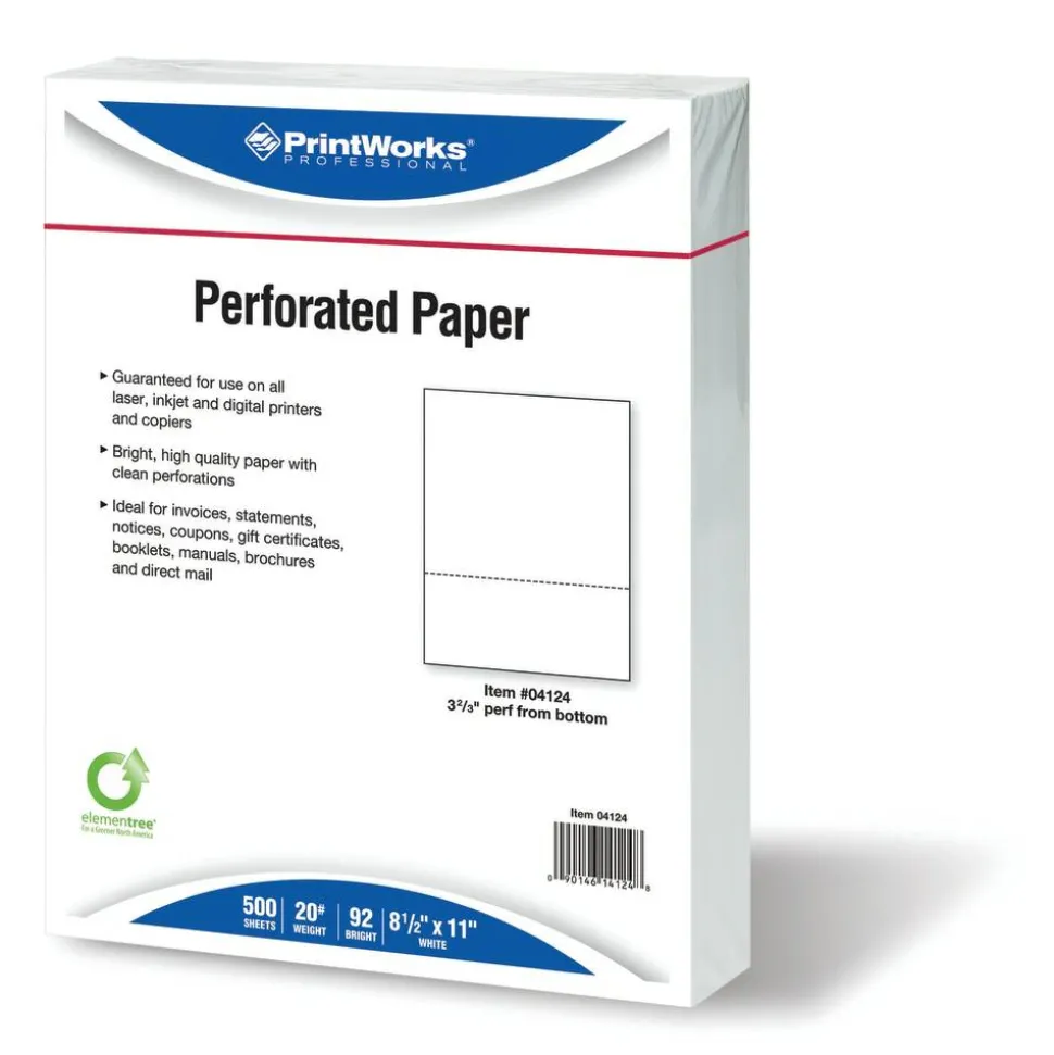 PrintWorks Professional Pre-Perforated Paper, 1 Ream, White, Letter (8 1/2" x 11"), 20 Lb, 3-2/3, Ream Of 500 Sheets