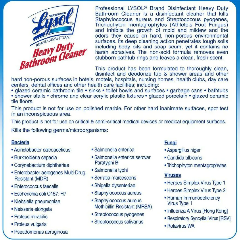Professional LYSOL Brand Disinfectant Heavy-Duty Bathroom Cleaner Concentrate, Fresh Lime Scent, 1 gal Bottle, 4/Carton