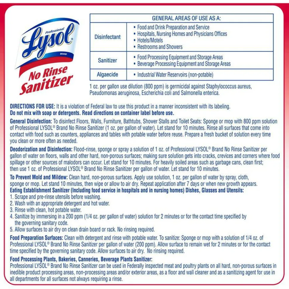 Professional Lysol Concentrated No Rinse Sanitizer, 1 Gallon, Case Of 4 Bottles