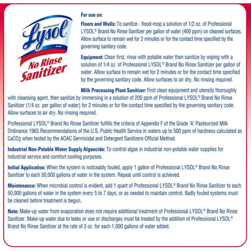 Professional Lysol Concentrated No Rinse Sanitizer, 1 Gallon, Case Of 4 Bottles