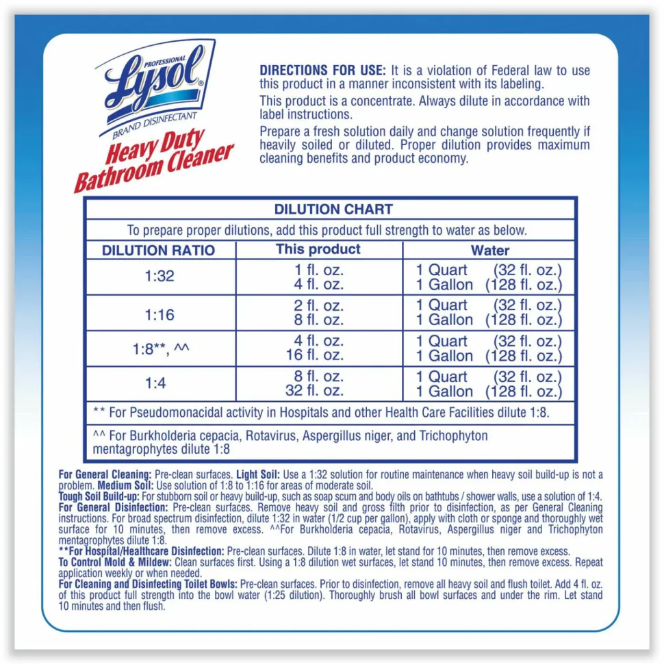 Professional Lysol Disinfectant Heavy Duty Bathroom Cleaner Concentrate, 128 Oz Bottle