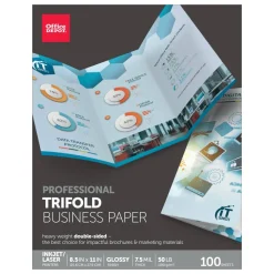 Professional Trifold Business Paper, Glossy, Double-Sided, Letter Size, White, Pack Of 100 Sheets