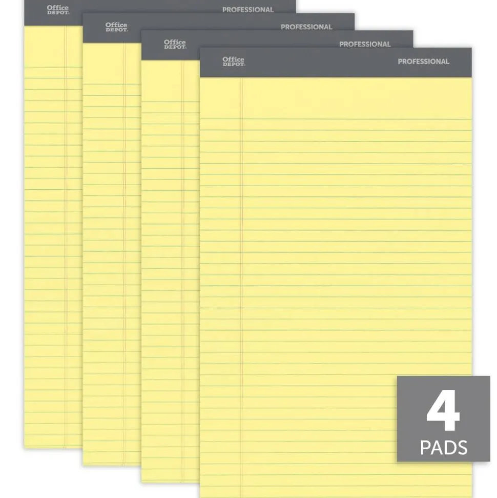 Professional Writing Pads, 8-1/2" x 14", Legal/Wide Ruled, 50 Sheets, Canary, Pack Of 4