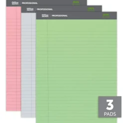Professional Writing Pads, 8-1/2" x 11-3/4", Legal/Wide Ruled, 50 Sheets, Assorted Colors, Pack Of 3