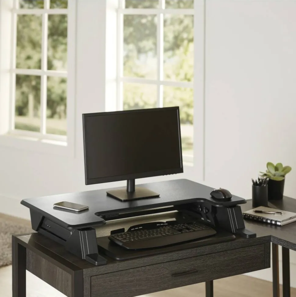 P20 Standing Desk Converter With USB And Keyboard Tray, 19-3/10"H x 35-2/5"W x 23-1/5"D, Black