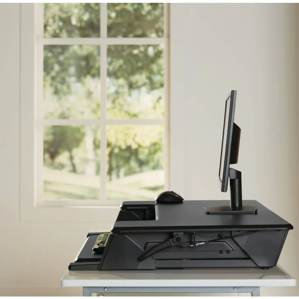 P20 Standing Desk Converter With USB And Keyboard Tray, 19-3/10"H x 35-2/5"W x 23-1/5"D, Black