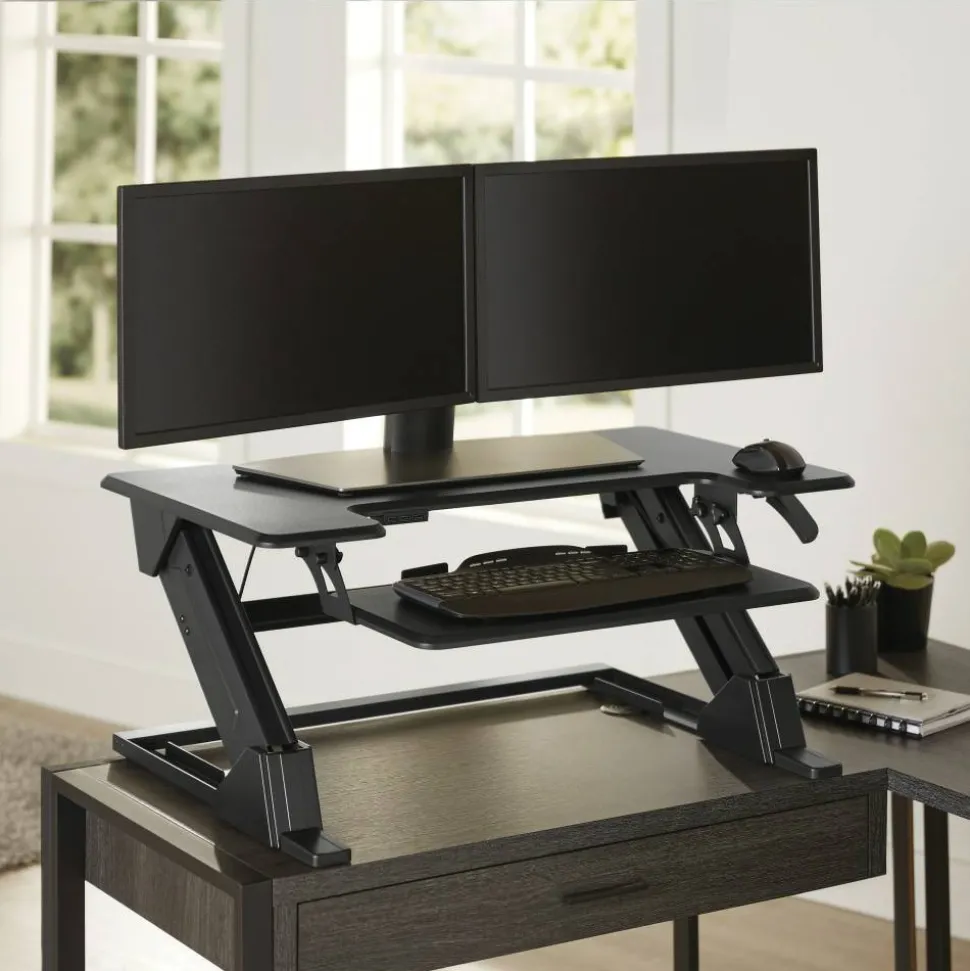 P20 Standing Desk Converter With USB And Keyboard Tray, 19-3/10"H x 35-2/5"W x 23-1/5"D, Black