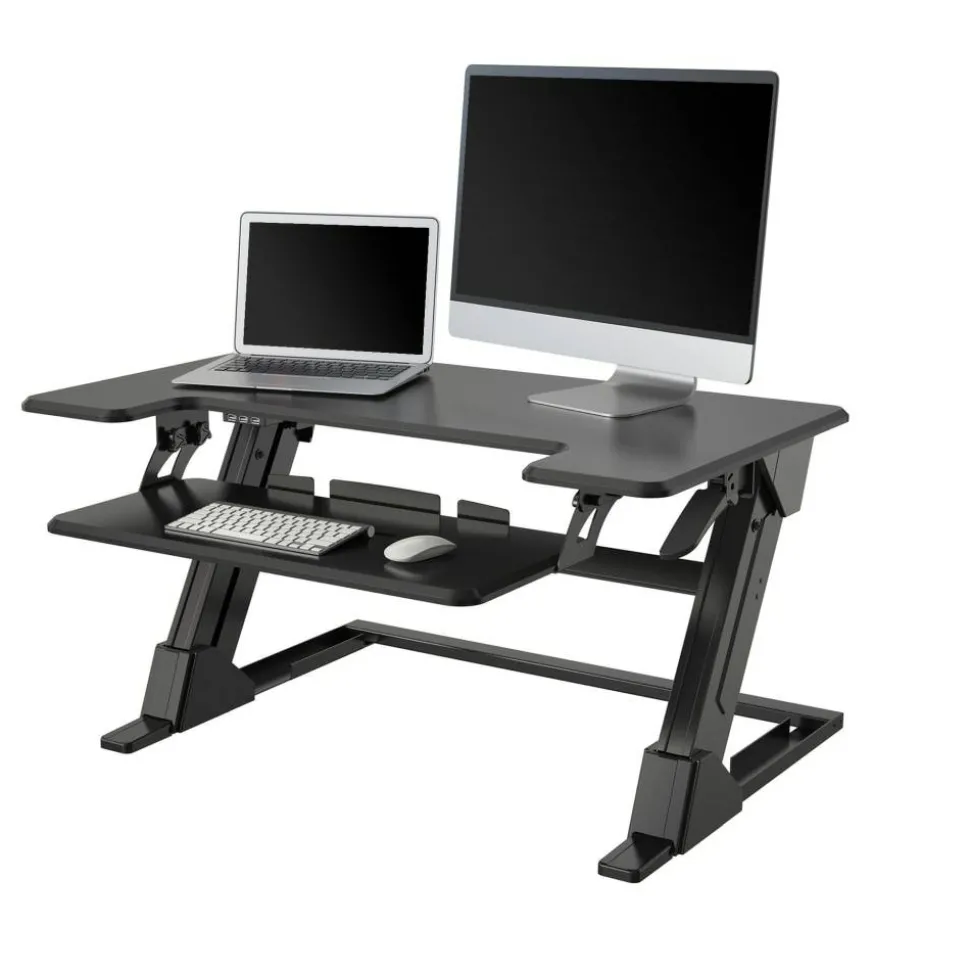 P20 Standing Desk Converter With USB And Keyboard Tray, 19-3/10"H x 35-2/5"W x 23-1/5"D, Black