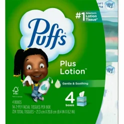Puffs Plus Lotion 2-Ply Facial Tissues, White, 56 Sheets Per Box, Pack of 4 Boxes