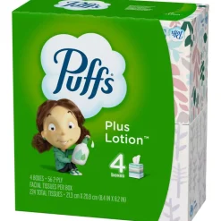 Puffs Plus Lotion 2-Ply Facial Tissues, White, 56 Sheets Per Box, Pack of 4 Boxes