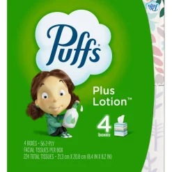 Puffs Plus Lotion 2-Ply Facial Tissues, White, 56 Sheets Per Box, Pack of 4 Boxes