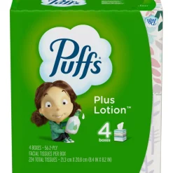 Puffs Plus Lotion 2-Ply Facial Tissues, White, 56 Sheets Per Box, Pack of 4 Boxes