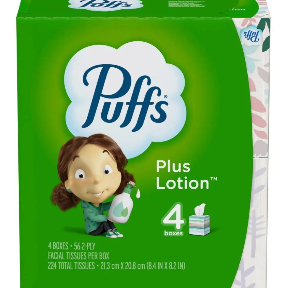 Puffs Plus Lotion 2-Ply Facial Tissues, White, 56 Sheets Per Box, Pack of 4 Boxes