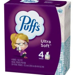 Puffs Ultra-Soft 2-Ply Facial Tissues, White, 56 Tissues Per Cube, Pack Of 4 Cubes