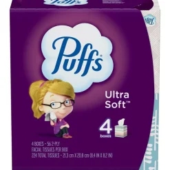 Puffs Ultra-Soft 2-Ply Facial Tissues, White, 56 Tissues Per Cube, Pack Of 4 Cubes