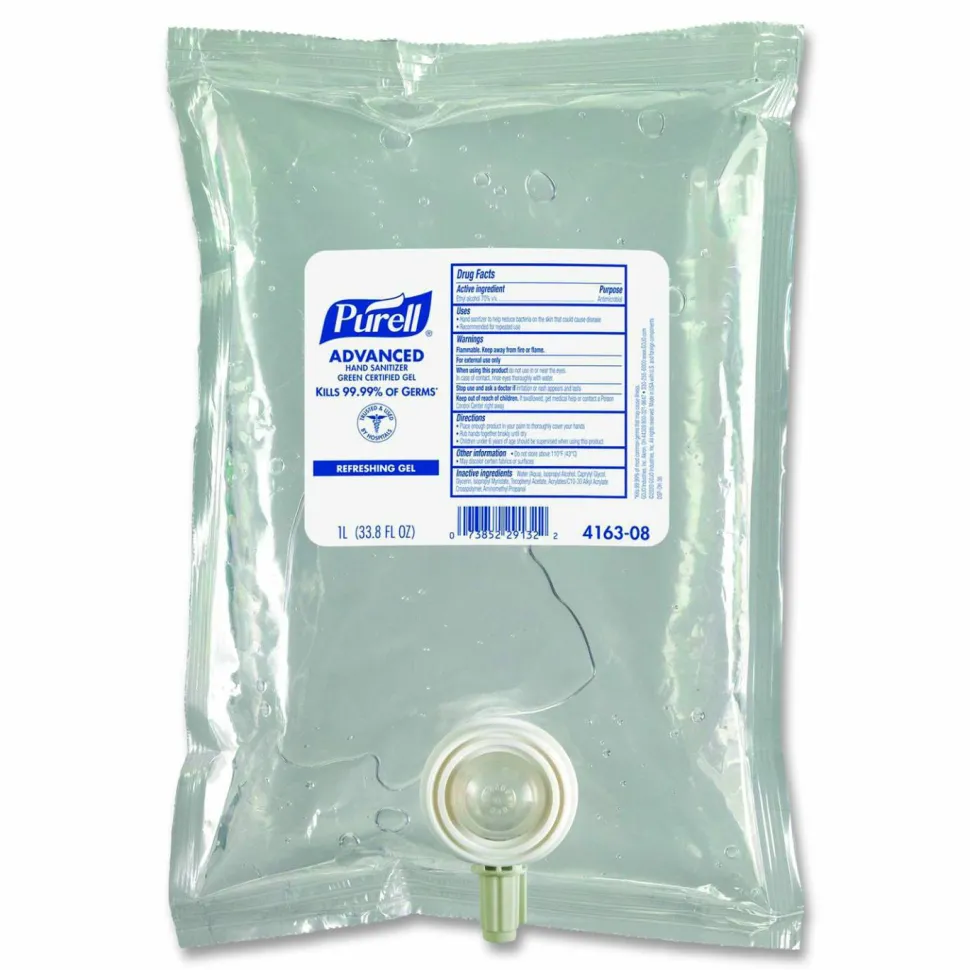 PURELL Advanced Hand Sanitizer Green Certified Gel Refill, For CS2 Dispensers, 1,000 mL, Fragrance-Free, 8/Carton