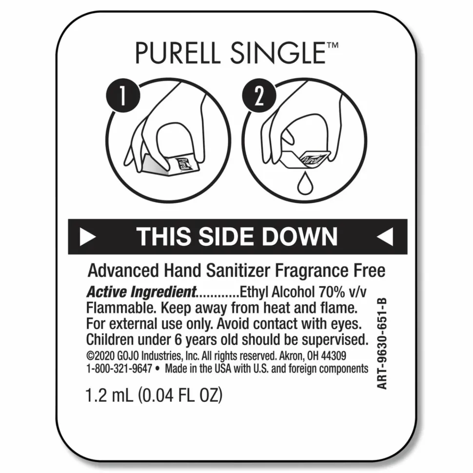 PURELL Advanced Hand Sanitizer Single Use, Gel, 1.2 mL Packet, Fragrance-Free, 2,000/Carton