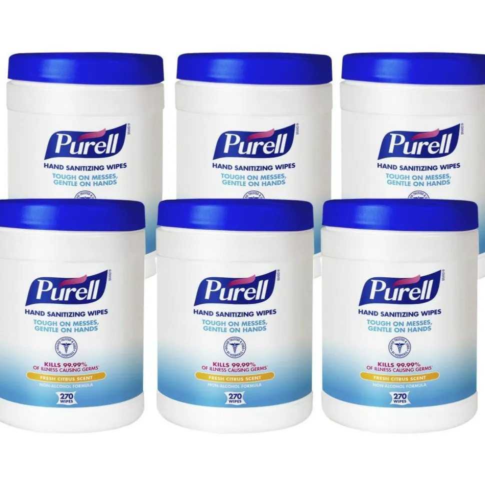 Purell Citrus Hand Sanitizing Wipes, 6" x 6-3/4", 270 Wipes Per Canister, Carton Of 6 Canisters