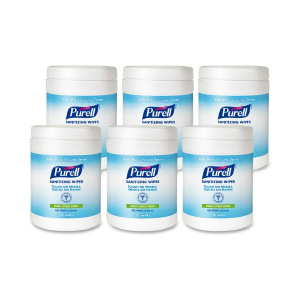 Purell Citrus Hand Sanitizing Wipes, 6" x 6-3/4", 270 Wipes Per Canister, Carton Of 6 Canisters