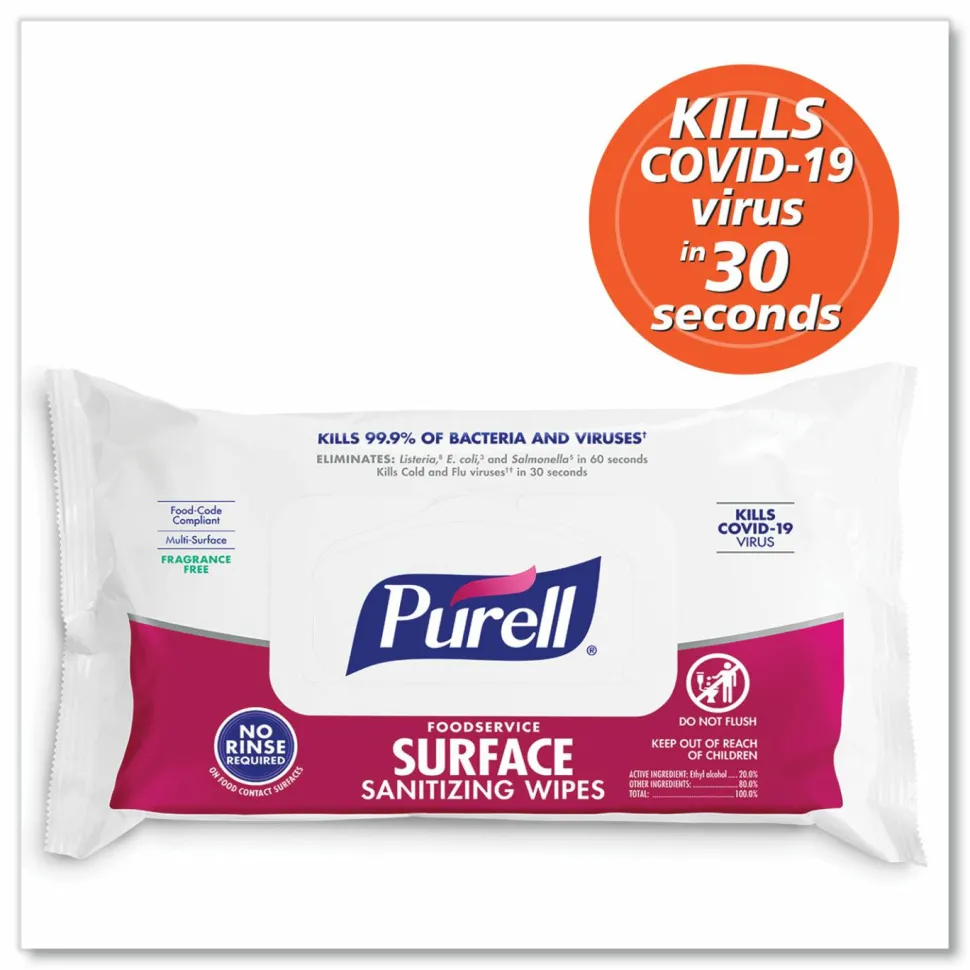 PURELL Foodservice Surface Sanitizing Wipes, 1-Ply, 7.4 x 9, Fragrance-Free, White, 72/Pouch, 12 Pouches/Carton