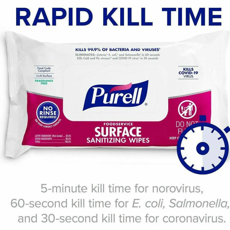 PURELL Foodservice Surface Sanitizing Wipes, 1-Ply, 7.4 x 9, Fragrance-Free, White, 72/Pouch, 12 Pouches/Carton