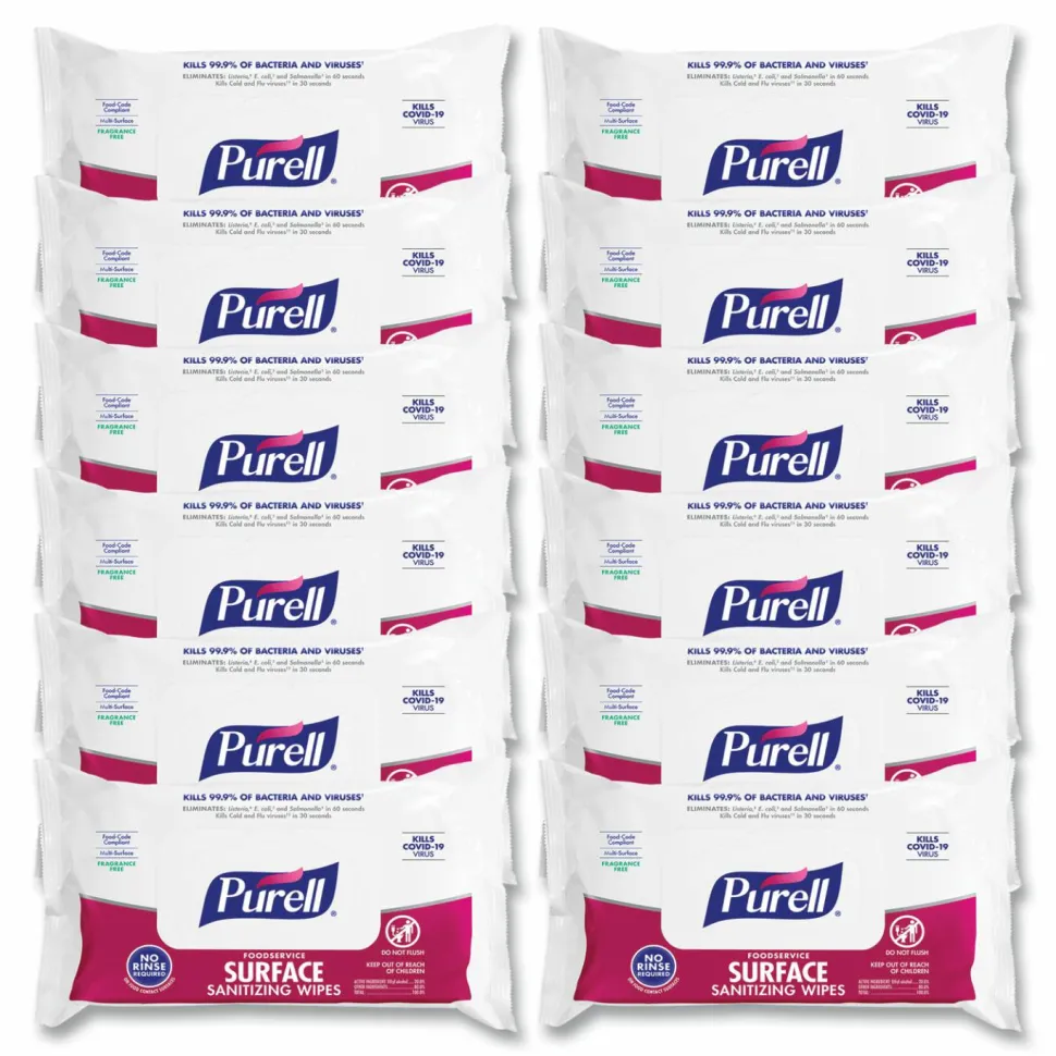 PURELL Foodservice Surface Sanitizing Wipes, 1-Ply, 7.4 x 9, Fragrance-Free, White, 72/Pouch, 12 Pouches/Carton