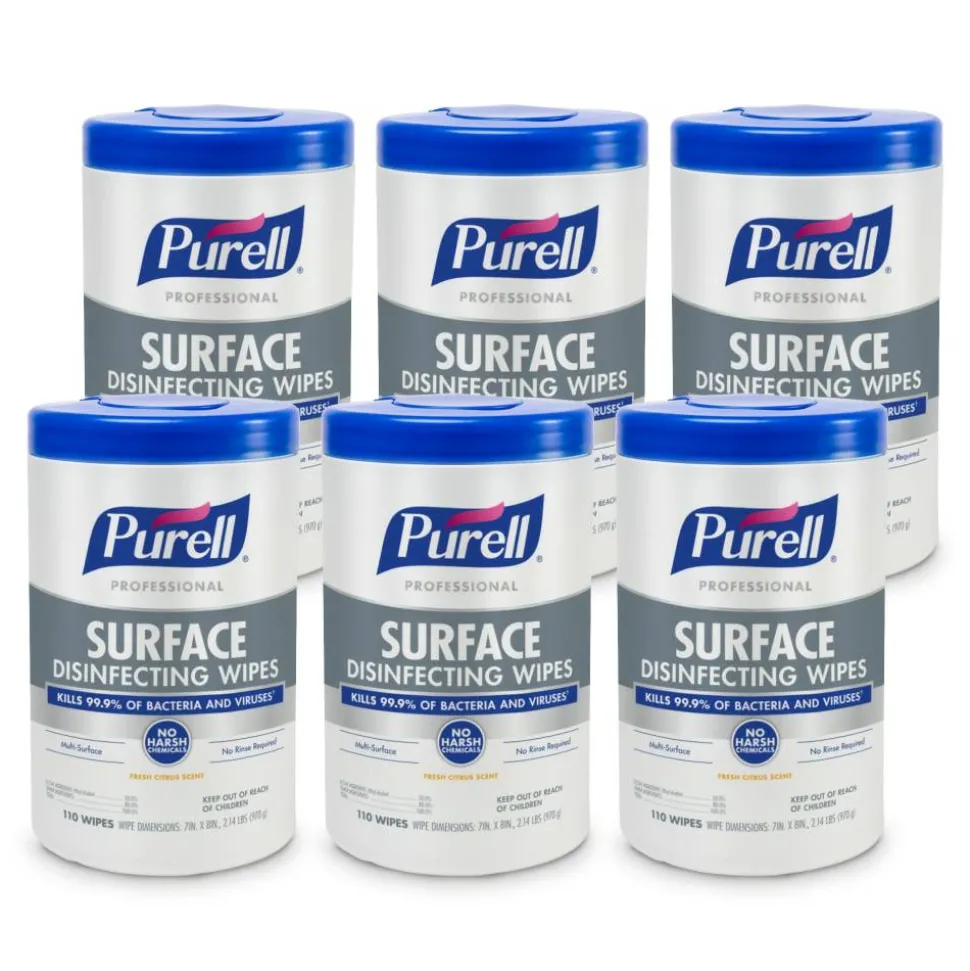 PURELL Professional Surface Disinfecting Wipes, Citrus Scent, 110 Count Canister, 7"x 8" Wipes, Pack of 6 Canisters